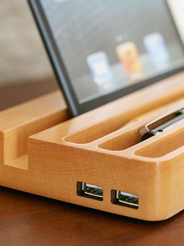 Wooden Charging Station With Two USB Ports And Integrated Desk 