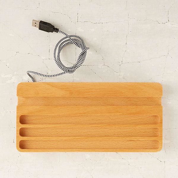 Wooden Charging Station with Two USB Ports and Desk Organizer