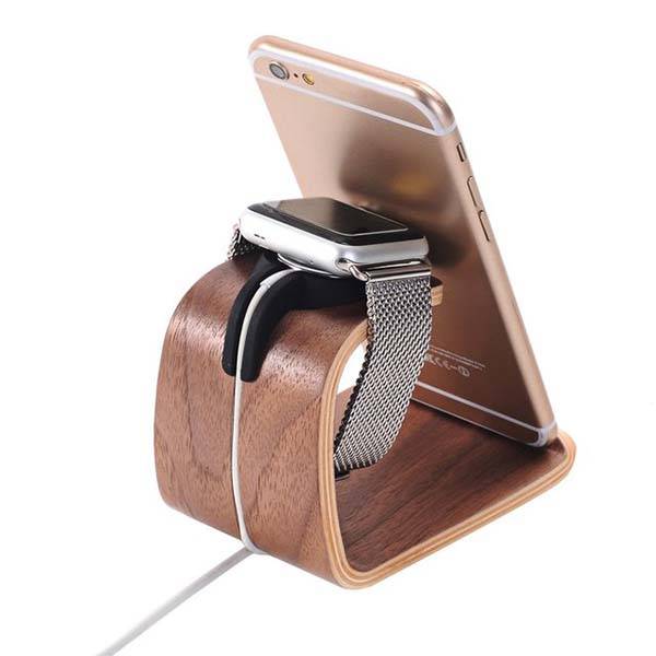 Wooden Apple Watch Charging Station with Integrated iPhone Stand