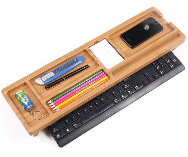 The Bamboo Keyboard Shelf Boasts Integrated Desk Organizer Gadgetsin