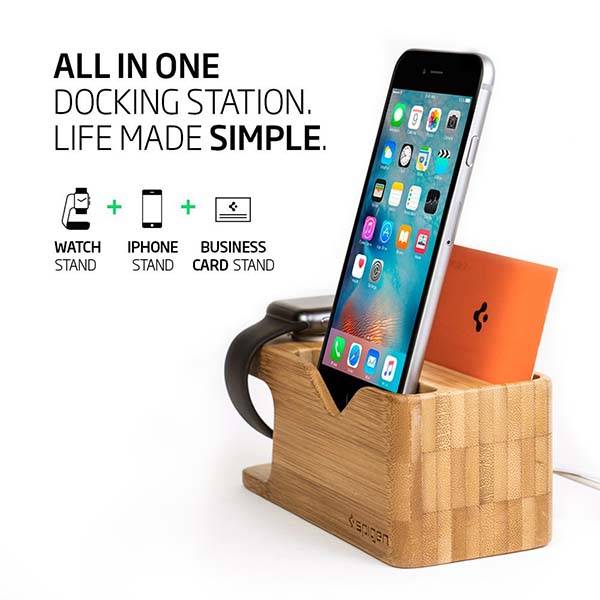 Spigen Bamboo iPhone and Apple Watch Charging Station