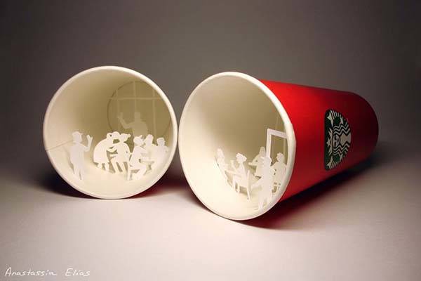 Paper Sculptures Built in Starbucks Coffee Cups