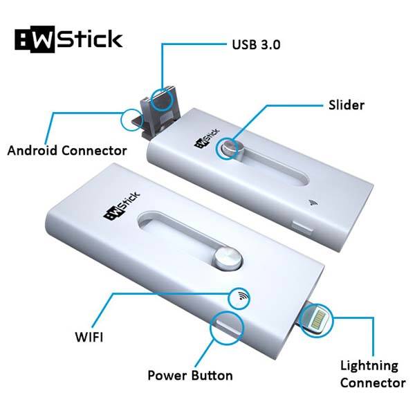 W Stick WiFi Flash Drive with USB 3.0, Lightning and microUSB Connector